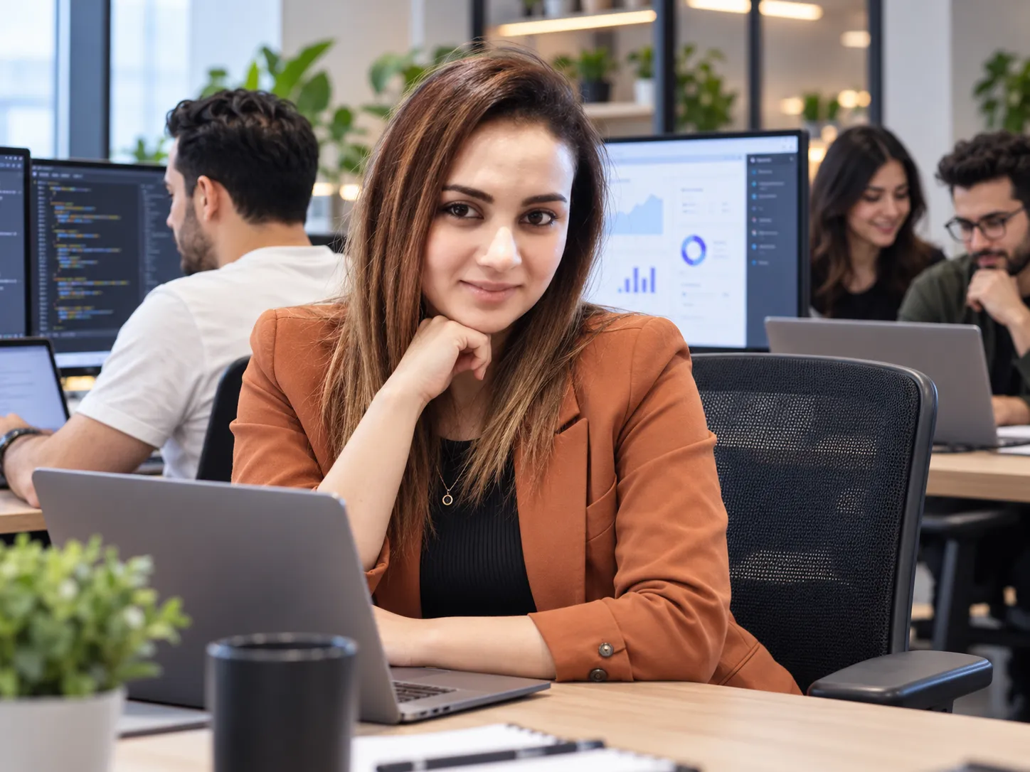 Engineers arbeiten gemeinsam an ihren Schreibtischen in einem hellen Großraumbüro