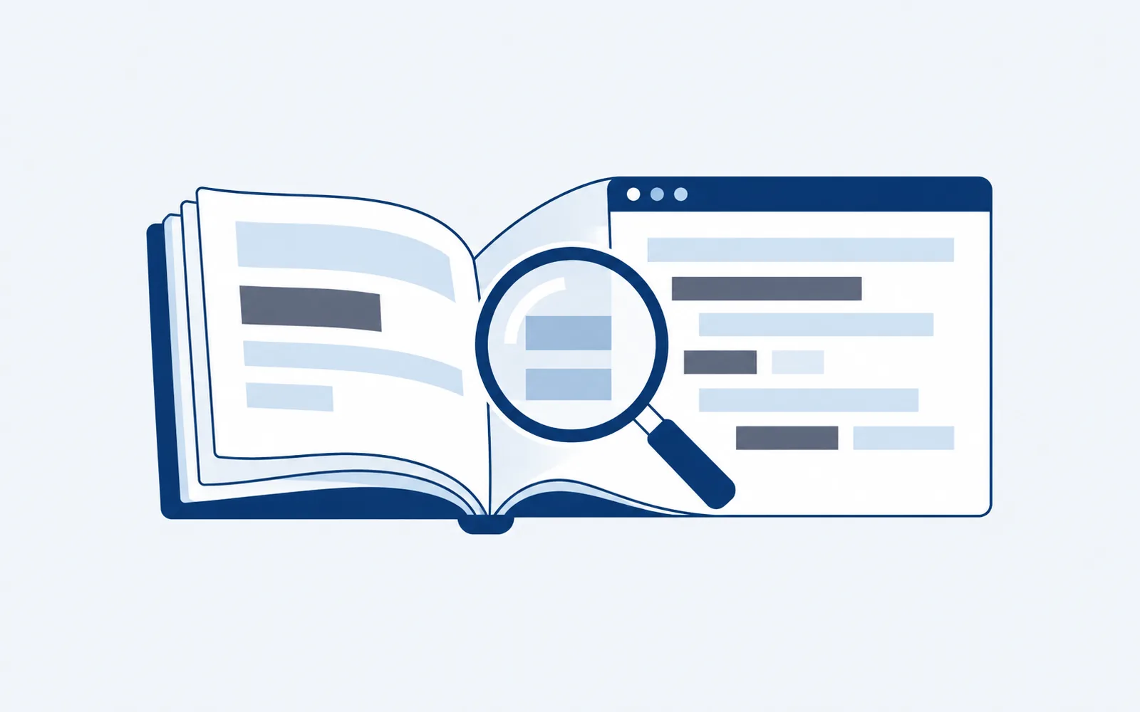 Illustration: an open book merging into a code window with a search lens