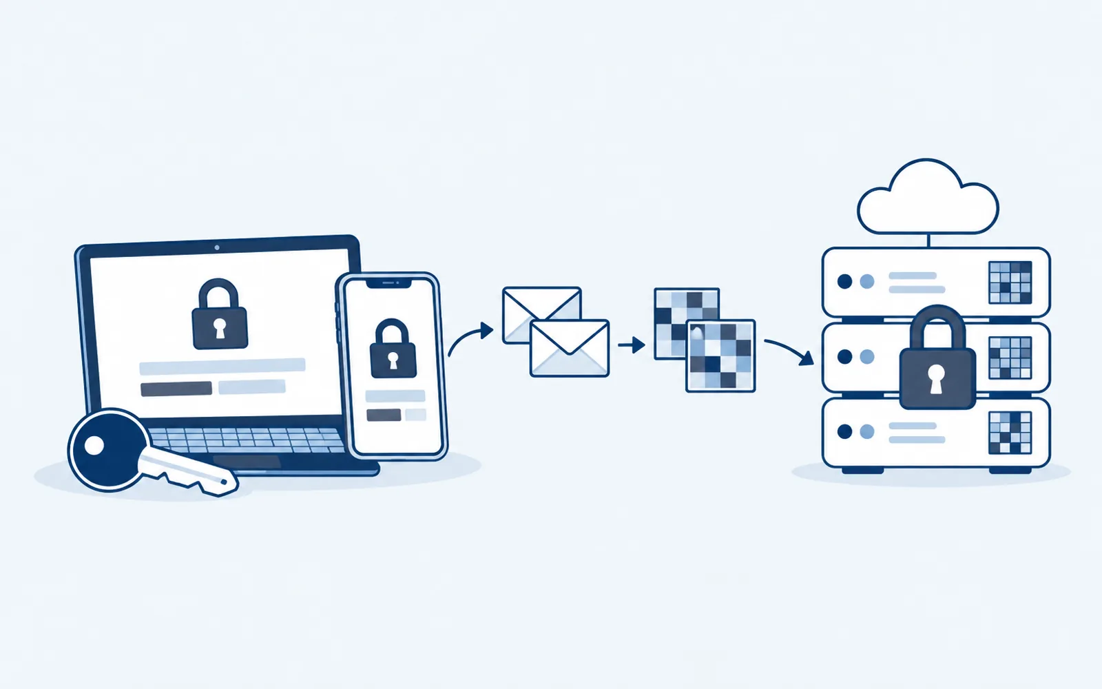Illustration: a laptop and phone keep the key while only scrambled data reaches the locked server